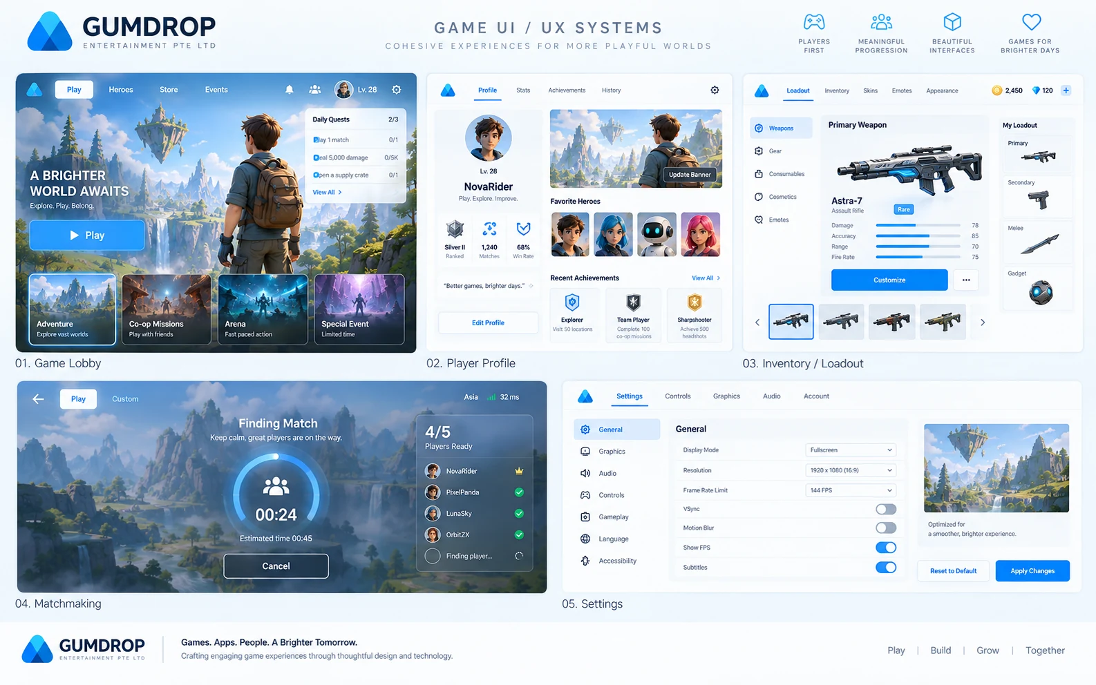Original game interface concept showing lobby, player profile, loadout and settings screens